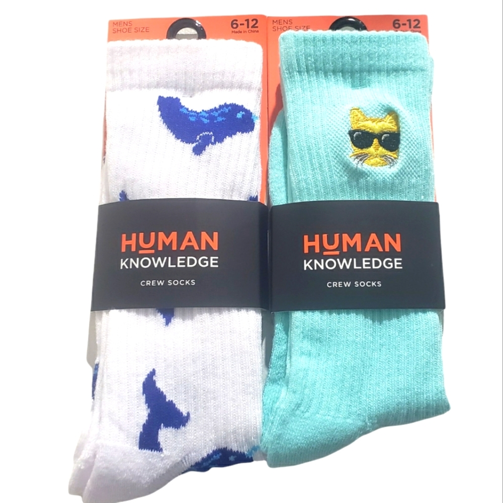 Human Knowledge Men Crew Socks Lot of 2 Animals Cool Cat Blue Narwhal Size 6-12